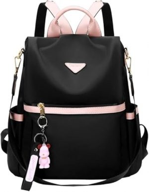 Leathario Mochila Mujer en Nylon con Multibolsillos, Bolso Mochila Multifuncional Casual para Uso Diario como Viaje, Escuela, Compras, Visitas y Universidad Negro y rosa