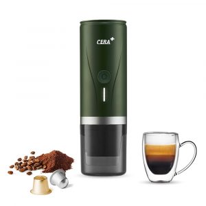 CERA+ Máquina de Espresso Eléctrica Portátil Auto-calentamiento en 3-4 Minutos, Cafetera Mini de 20 Bares con Batería Recargable. Compatible con Cápsulas NS y Café Molido, verde