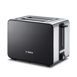 Bosch Hogar TAT7203 Tostador Compacto de Acero Inoxidable, 2 Ranuras, autoapagado de Seguridad, 1050 W, Negro Grafito