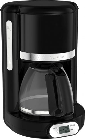 Moulinex Soleil – Cafetera filtro, capacidad de 1,25 L, hasta 15 tazas, control nivel del agua, temporizador programable, función mantener caliente, jarra cristal, color negro, FG380B