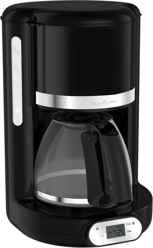 Moulinex Soleil – Cafetera filtro, capacidad de 1,25 L, hasta 15 tazas, control nivel del agua, temporizador programable, función mantener caliente, jarra cristal, color negro, FG380B