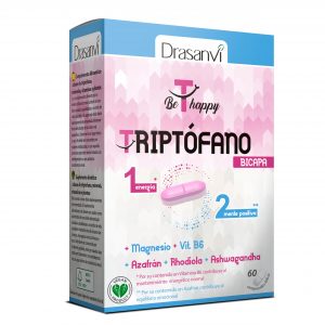 DRASANVI Triptófano Bicapa | para la Ansiedad, Cansancio e Insomnio | Capa lenta con Azafrán, Rhodiola y Ashawganda | capa rápida con Triptófano y Magnesio| 60 Comprimidos= 60 Días