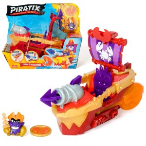 PIRATIX, ADVENTURE WORLD Sea Crusher – Barco Pirata en forma de cangrejo, Incluye 1 barco pirata, 1 Piratix exclusivo, 1 tesoro exclusivo, 1 accesorio, 1 cañón y 1 proyectil