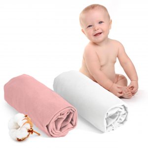 Juego de 2 Sabanas Cuna 60x120 Algodon Ajustables - Oeko Tex Certificado - Blanco Y Rosa - Sabana Bajera Cuna 60x120 Algodon 100% Jersey