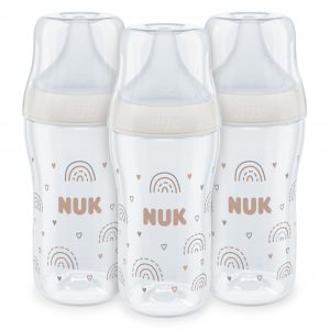 Set de biberones Perfect Match de NUK | +3 meses | Se adapta al paladar del bebé | Control de temperatura | Ventilación anticólico | 260 ml | Sin BPA | Tetina de silicona mediana | Arcoíris | 3 uds
