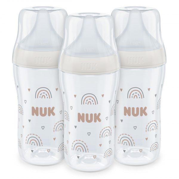 Set de biberones Perfect Match de NUK | +3 meses | Se adapta al paladar del bebé | Control de temperatura | Ventilación anticólico | 260 ml | Sin BPA | Tetina de silicona mediana | Arcoíris | 3 uds