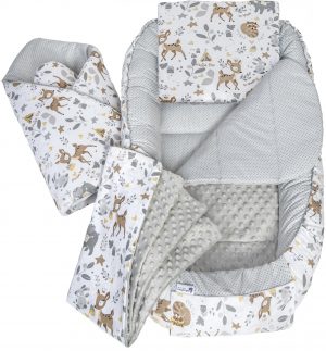 Medi Partners Nido Bebe Recien Nacido Reductor de Cuna - 100x60x15 Juego de 5 Piezas bebés anticolicos Bilateral Portátil o de Viaje 100% Algodón (Ciervo con Minky Gris)